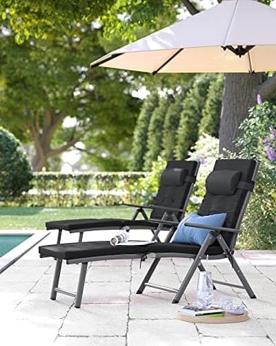 SONGMICS Sammenklappelig solstol, solseng med 6 cm madras, rustfrit aluminium, sort