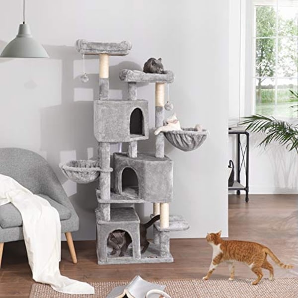 Stort kattträd med 3 kattgrottor, 164 cm katttorn, ljusgrå