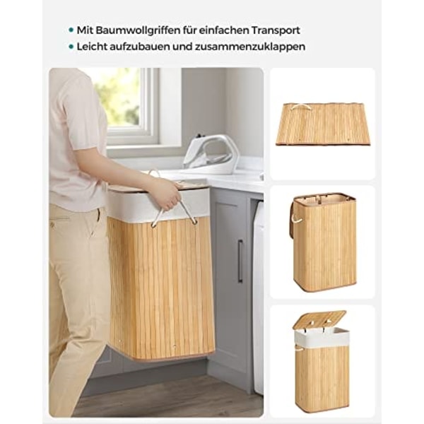 Songmics bambu tvättkorg, 72L fällbar tvätthamper, rektangulär 40 x 30 x 60 cm, naturlig