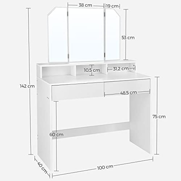 Vasagle toiletbord med tri-fold spejl, makeupbord med 2 skuffer og 3 åbne rum, hvid
