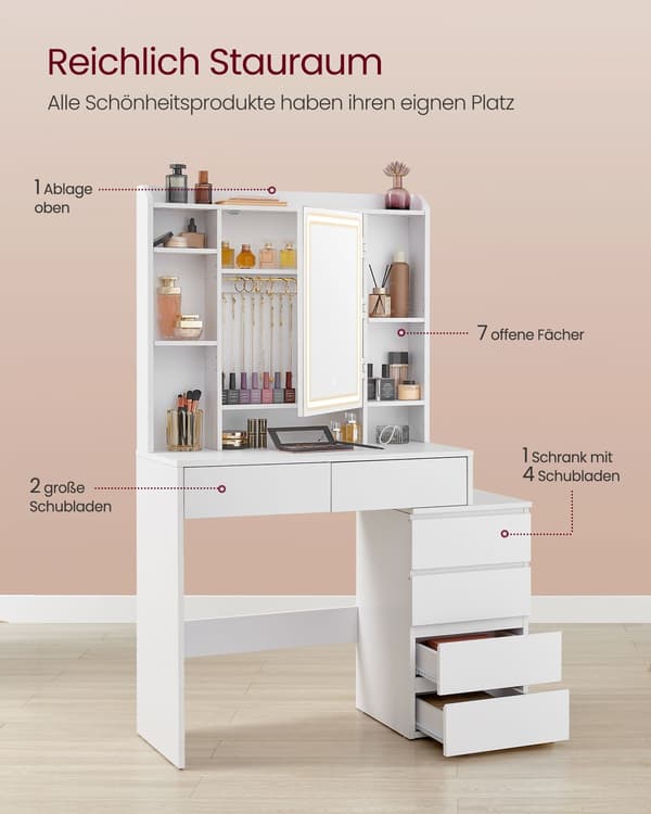 Sminkebord med LED-belysning, justerbar lysstyrke, moderne skyhvid