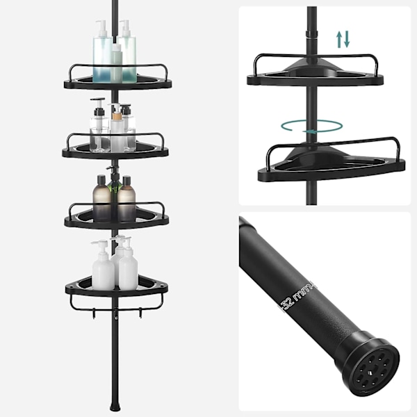 Songmics justerbar hjørnehylde til badeværelse, 85-305 cm, med 4 bakker, 3 kroge, sort