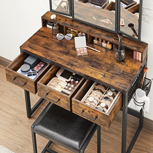 Vasagle toiletbord, makeupbord, rustik brun og sort