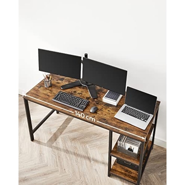 VASAGLE Computerbord, Skrivebord med 2 hylder, Arbejdsbord, Rustik Brun og Sort
