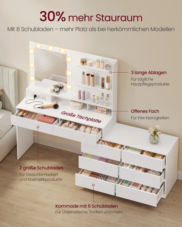 Makeupbord med spejl og LED-belysning, L-formet, skyhvid