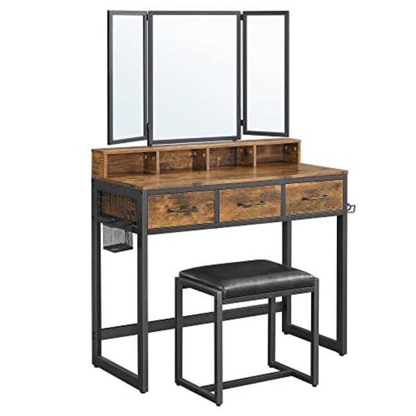 Vasagle peilipöytä, peilipöytä, maalaismainen ruskea ja musta