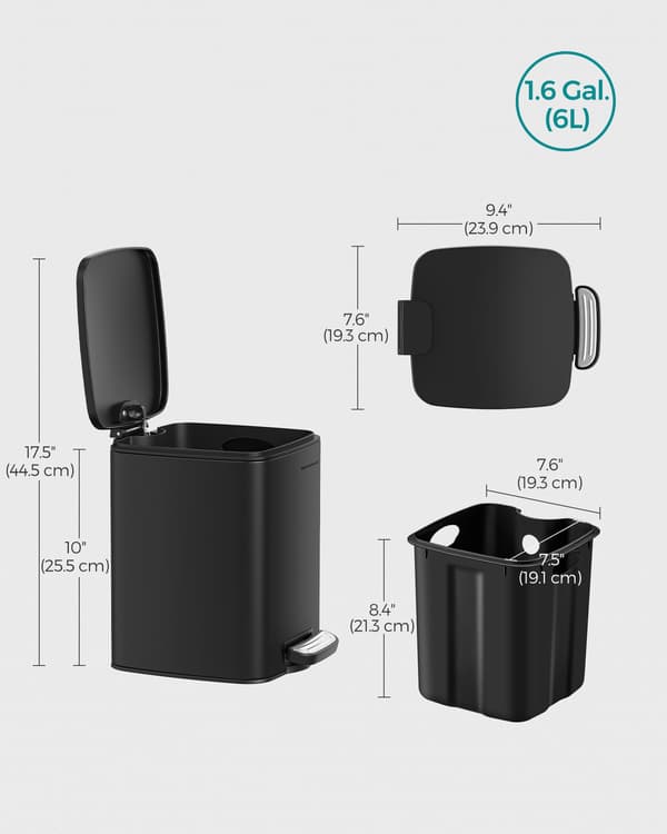 Affaldsspand, køkkenaffald, stålpedal, med inderspand, soft-close, 6 L, sort