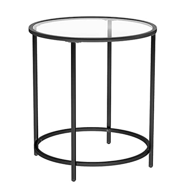 Vasagle rundt sidebord, lille sofabord, hærdet glasbord med stålstel, sengebord, sort