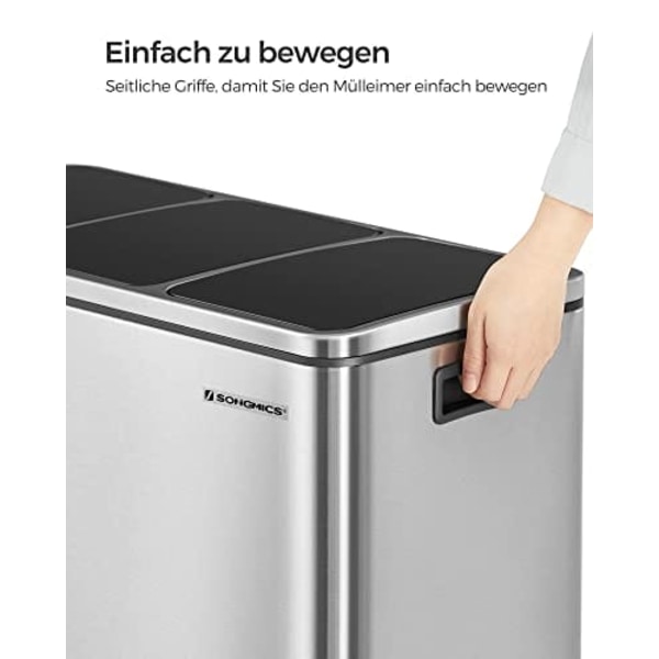 SONGMICS kierrätysastia, 3 x 18 L kolminkertainen keittiöastia, 3-lokeroinen poljinroskis, hopea