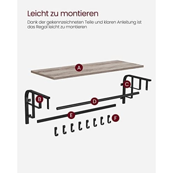 Vægmonteret tøjstativ med 5 kroge og ophængsskinne, Greige og sort