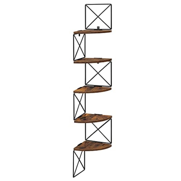 Vasagle kulmahylly seinälle, kelluva hylly 5 tasoa, kirjahylly, ruskea ja musta
