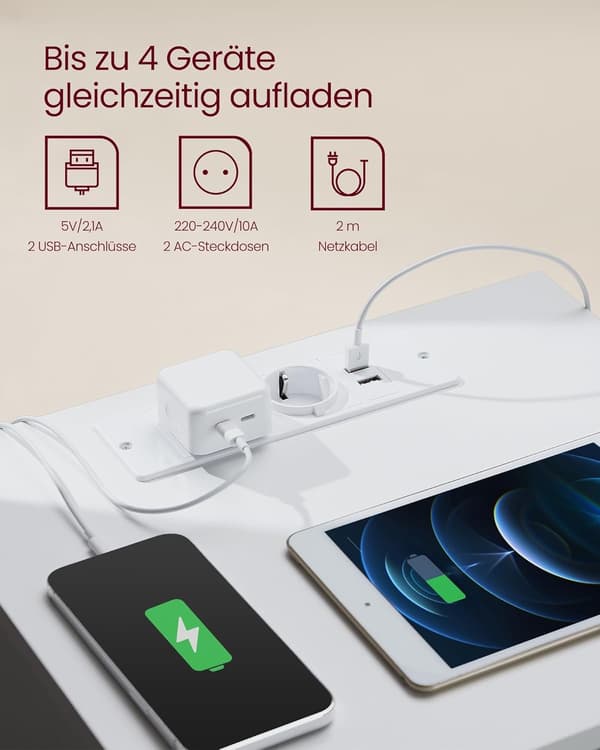 Natbordsbord, Sidebord, 3 skuffer, 2 stikkontakter, 2 USB-porte, Cloud White