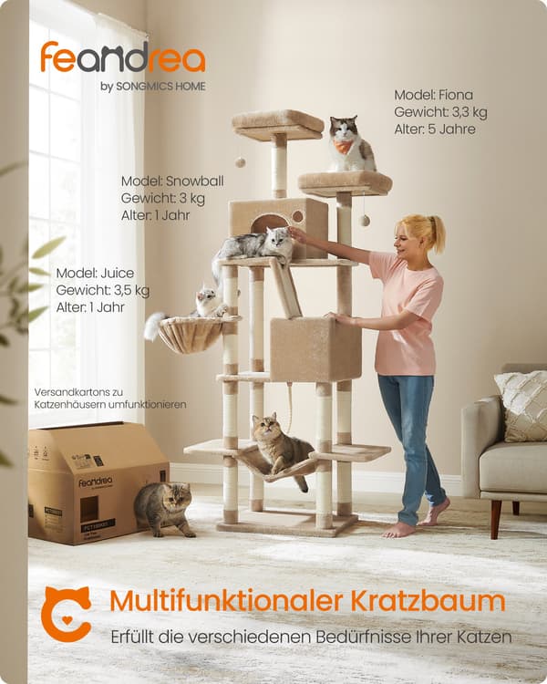 Klösträd, 206 cm stort katttorn, 2 sittpinnar, 2 grottor, korg, hängmatta, kamelbrun