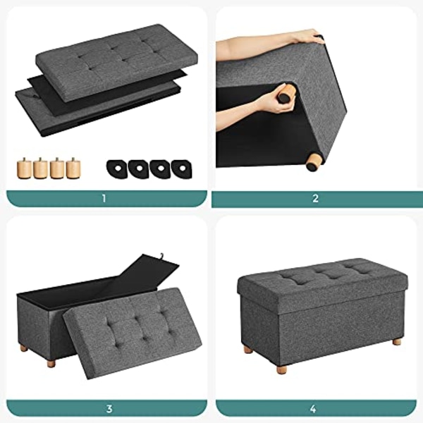 Songmics Storage Ottoman, vadderad vikbar bänk, bröst med lock, träfötter, mörkgrå