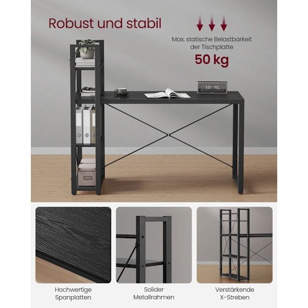 VASAGLE Computerbord, 137,2 cm bredt, Hjemmekontor, Ebony sort