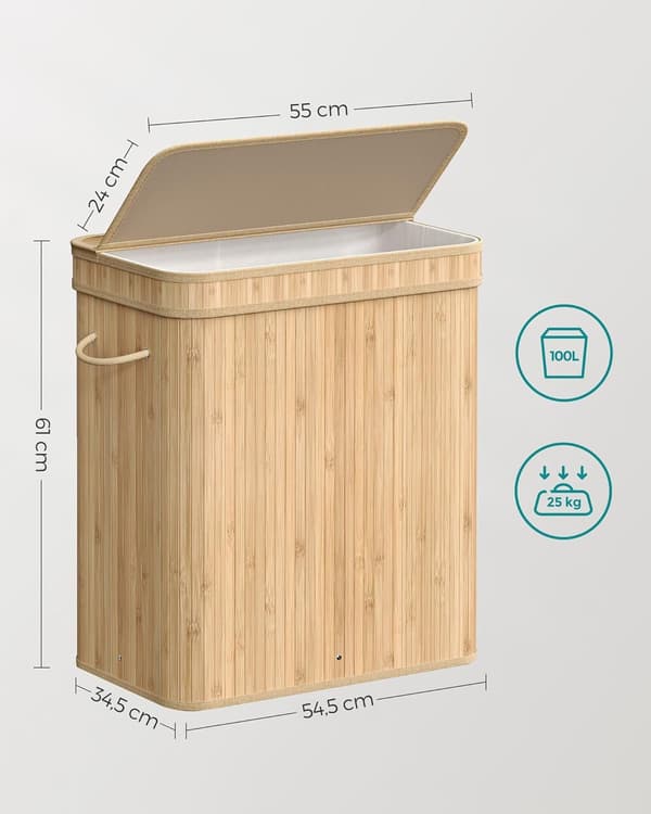 Tvättkorg med lock, bambu, 100 liter