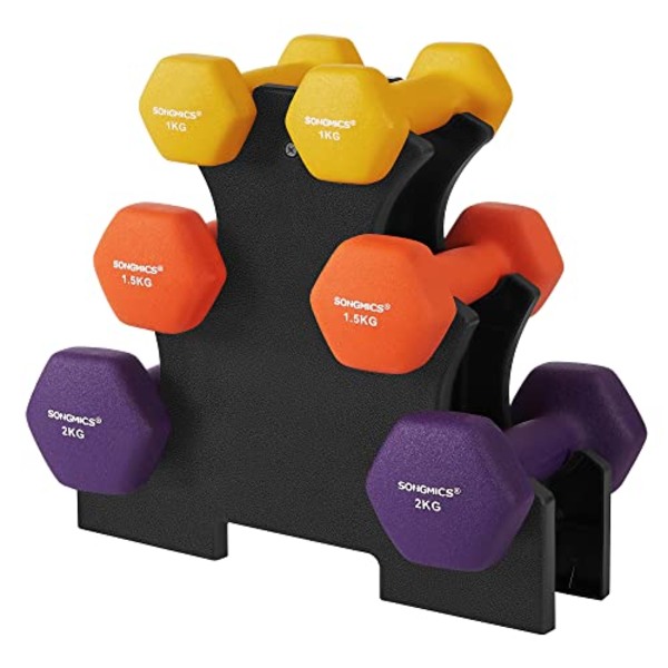 Songmics Hex-håndvægtsæt med stativ, 2 x 1 kg, 2 x 1,5 kg, 2 x 2 kg, håndvægte, gul, orange og lilla