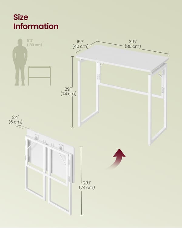 Sammenklappeligt skrivebord, bordplade i ét stykke, 80 x 40 cm
