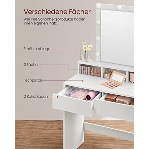 Toiletbord med Spejl og Pærer, Kosmetisk Bord med 2 Skuffer og 3 Åbne Rum, Toiletbord til Makeup, Moderne, Hvidt
