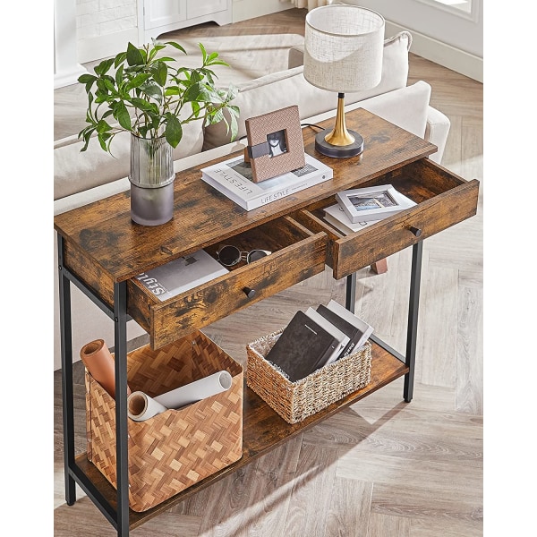 Vasagle konsolbord, hallbord, sidebord, sofabord med 2 skuffer, brun/sort