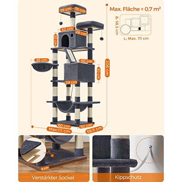 Højt klatretræ til store katte - 206 cm, røggrå farve, klatretræ xxl