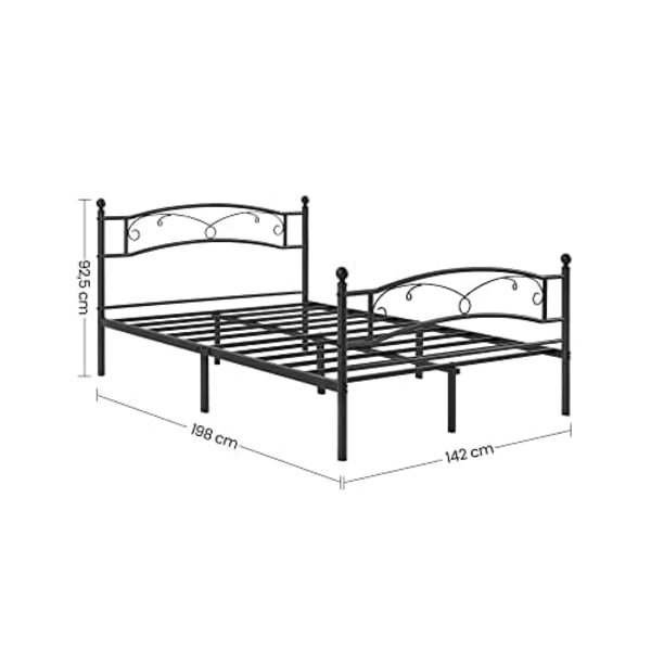Vasagle dobbeltseng ramme, metal seng ramme, passer til 140 x 190 cm madras, sort