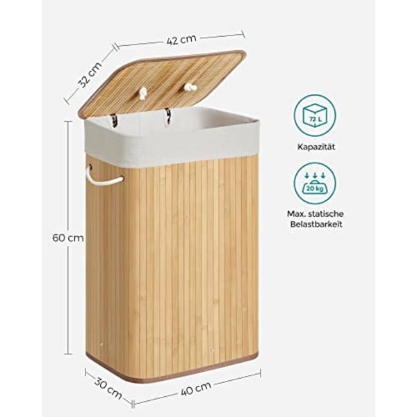 Songmics bambu tvättkorg, 72L fällbar tvätthamper, rektangulär 40 x 30 x 60 cm, naturlig