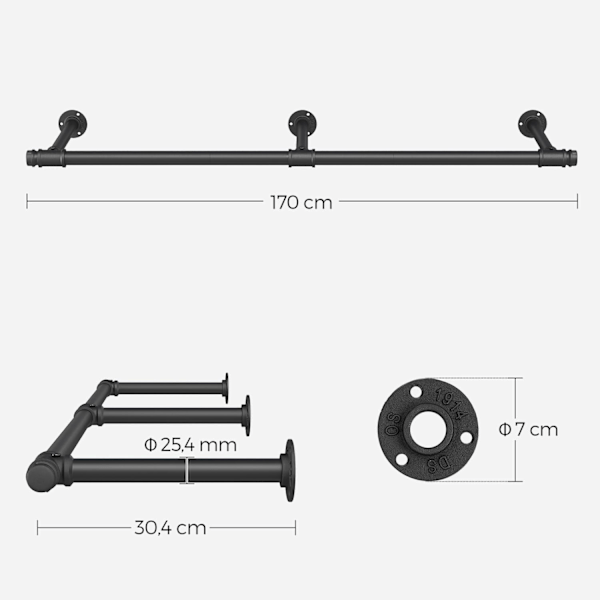 Songmics Väggmonterade kläder Rail 30,4 x 170 x 7 cm 68 kg svart