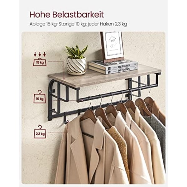 Väggmonterat, klädkrokar med 5 krokar och hängskena, Greige och svart