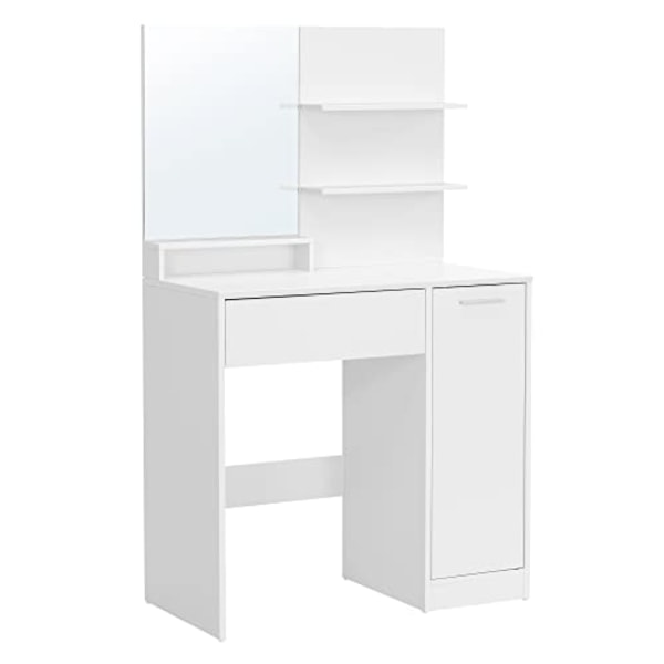Vasagle toalettbord, sminkbord, fåfängbord med spegel, 1 låda, 2 hyllor, vit