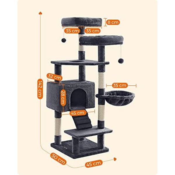 Feandrea Cat Tree, Cat Tower 142 cm, Cat Activity Center, Smoky Grey