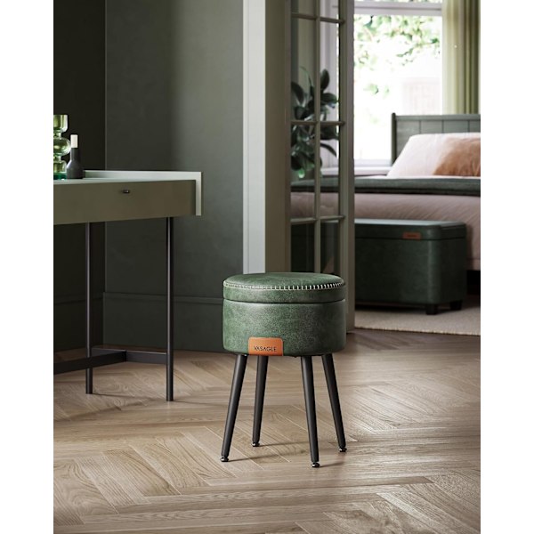 VASAGLE Säilytysosmani, Meikkipöydän jakkara, PU ompeleilla, Forest Green