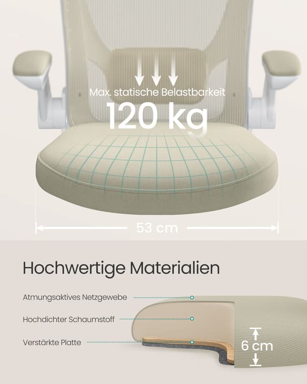 Mesh Skrivbordsstol, Ergonomisk Datorstol, Svankstöd, Uppfällbart Armstöd, Havregrynsbeige