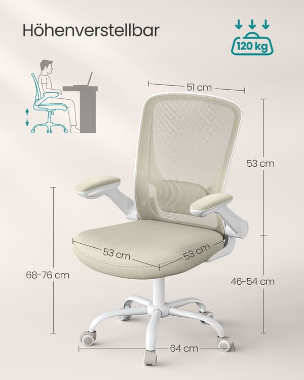 Mesh Skrivbordsstol, Ergonomisk Datorstol, Svankstöd, Uppfällbart Armstöd, Havregrynsbeige