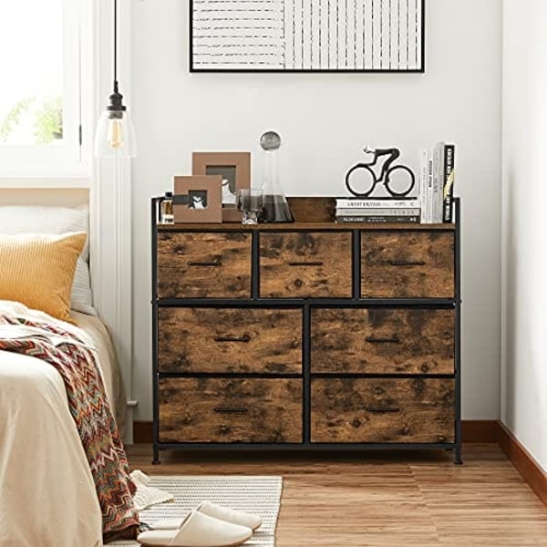 Songmics Fabric Chest of Drawers, sovrum förvaringsenhet, 7 lådor, rustik brun och svart