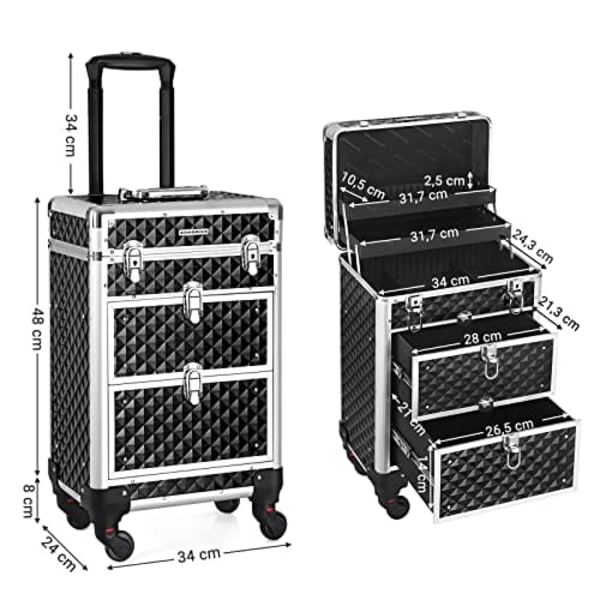 SONGMICS Låsbart makeup-etui, Rolling Cosmetics Beauty Trolley Box, Sort