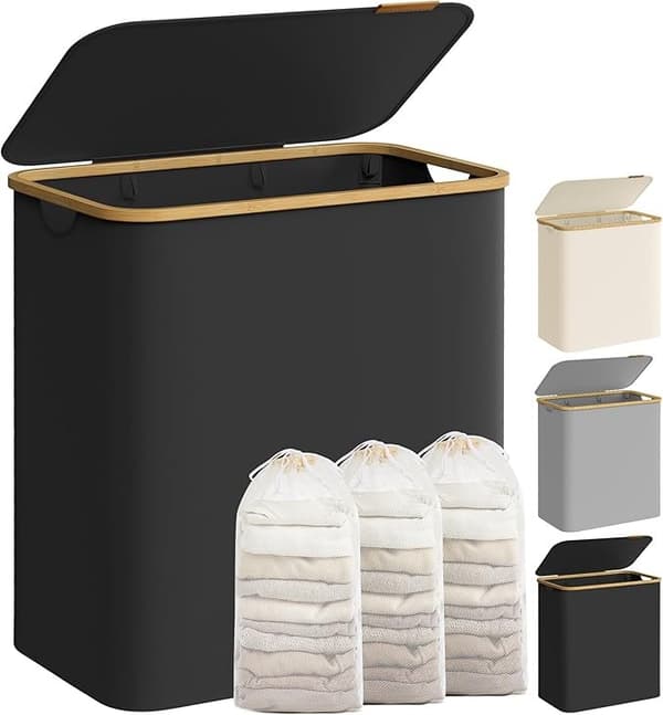 Tvättkorg med lock, 150 l, avtagbart nätfoder, 60 x 38,5 x 70,5 cm, bläcksvart