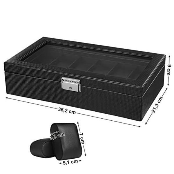 Songmics 12 lokeroa, suuri kellolaatikko lasikannella, 36,2 x 9 x 21,3 cm, musta