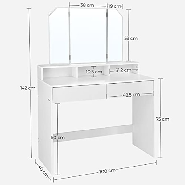 Vasagle peilipöytä kolminkertaisella peilillä, peilipöytä 2 laatikolla ja 3 avolokerolla, valkoinen