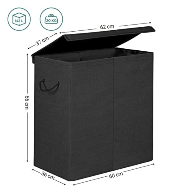 Songmics 142L vasketøjskurv, Linenette Fabric Vasketøjskurv, opdelt tøjvask sort