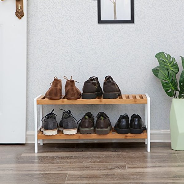 Songmics 2-lagers skoställ i bambu, förvaringshylla, 70 x 26 x 33 cm