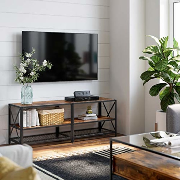 VASAGLE TV-taso, TV-pöytä televisioille jopa 60 tuumalle, hyllyillä, teräsrunko, maalaismainen ruskea