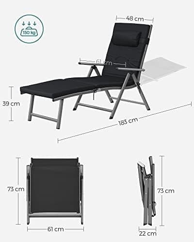 SONGMICS Sammenklappelig solstol, solseng med 6 cm madras, rustfrit aluminium, sort