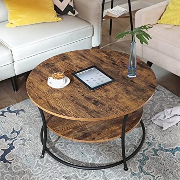 Vasagle soffbord, rund cocktailbord med hylla, rustik brun