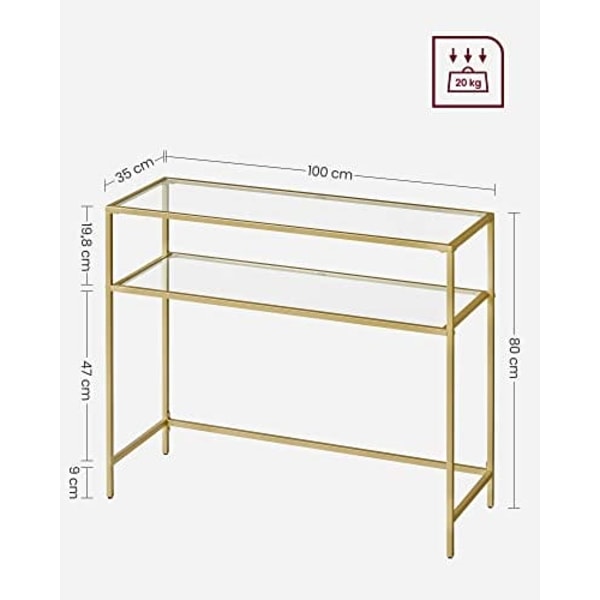 Vasagle -konsolbord, härdat glasbord, modern soffa eller entrébord, guldfärg