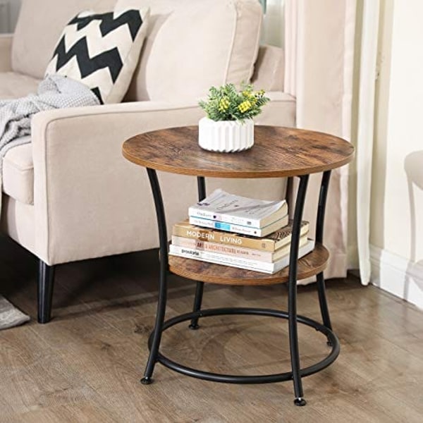Vasagle sidebord rundt, endebord med 2 hylder, stue, soveværelse, rustik brun