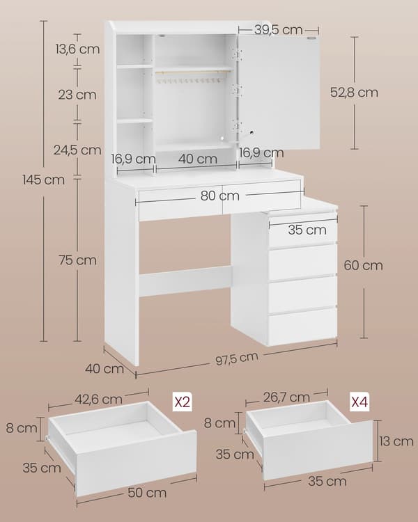 Sminkebord med LED-belysning, justerbar lysstyrke, moderne skyhvid