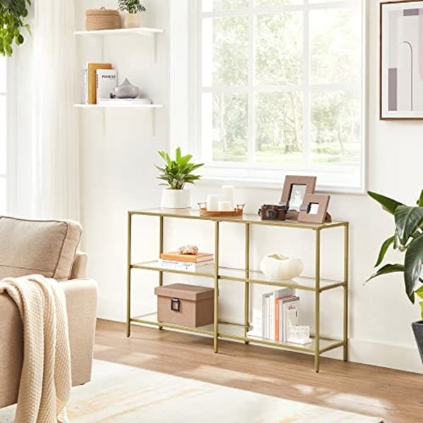 VASAGLE konsolbord, soffbord med 3 hyllor, hylla i härdat glas, guldfärg
