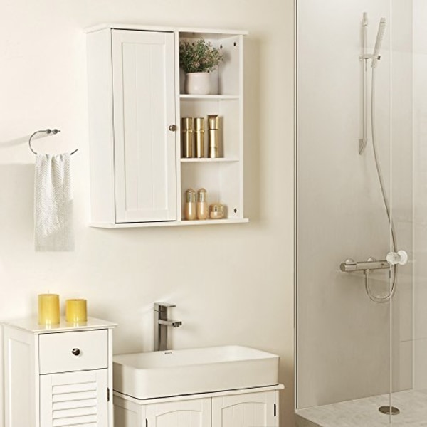 Vasagle kylpyhuonekaappi, seinälle ripustettava kulmahylly, lääkekaappi, valkoinen