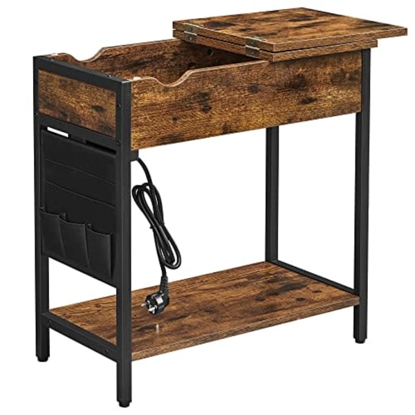 Vasagle sidebord, sammenklappeligt sengebord med stikkontakt, sammenklappelig bordplade, brun sort